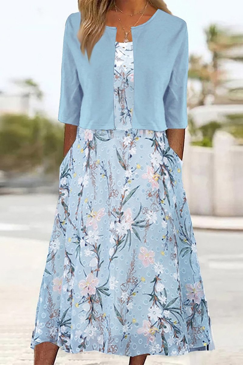 Women's Floral 3/4 Sleeve Two-Piece Midi Dress