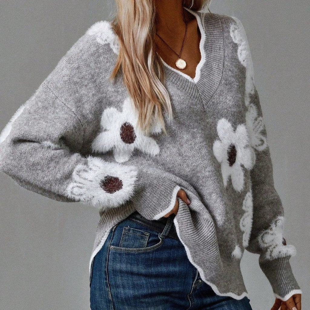 Women's Textured Floral V-Neck Knit Sweater - Gray