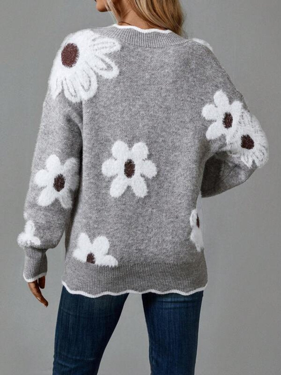 Women's Textured Floral V-Neck Knit Sweater