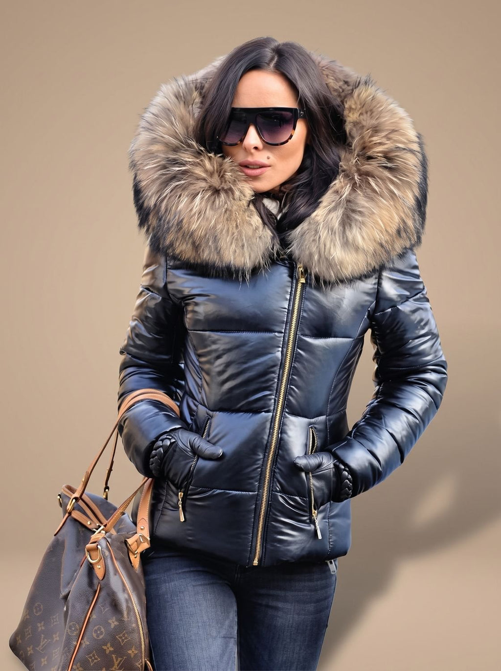 Women's Fur-Trim Hood Fitted Quilted Puffer Coat - Black
