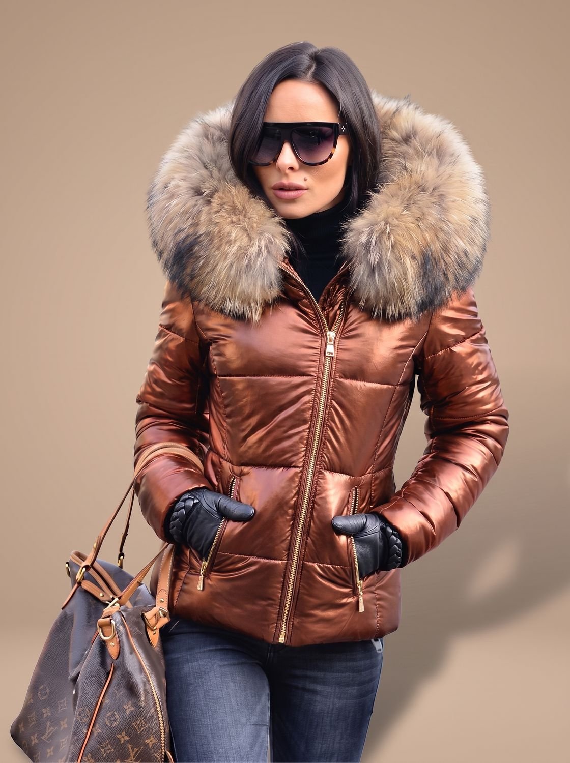 Women's Fur-Trim Hood Fitted Quilted Puffer Coat - Dark Brown