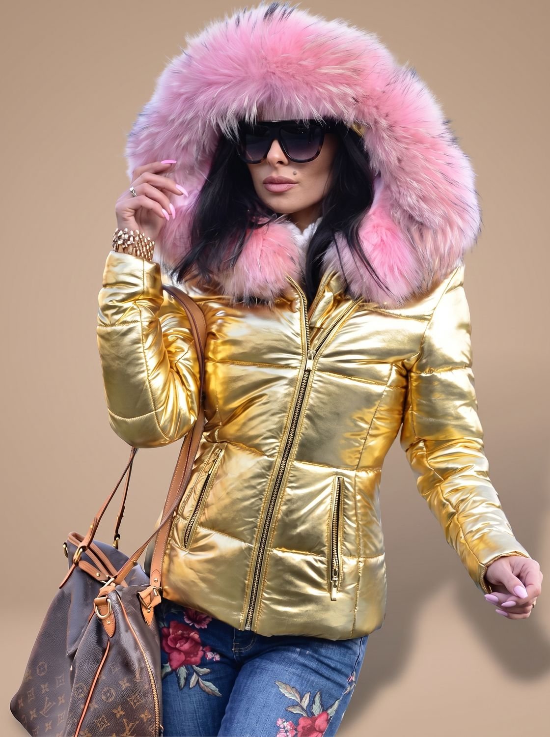 Women's Fur-Trim Hood Fitted Quilted Puffer Coat - Gold