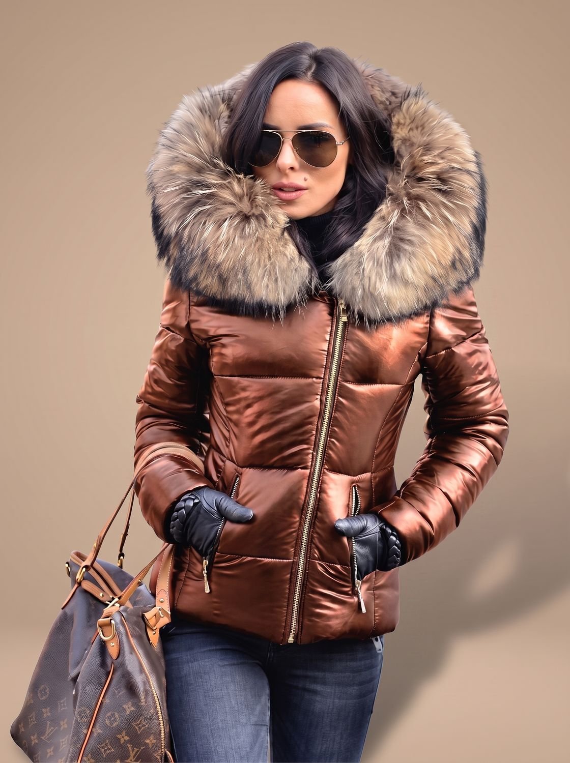 Women's Fur-Trim Hood Fitted Quilted Puffer Coat