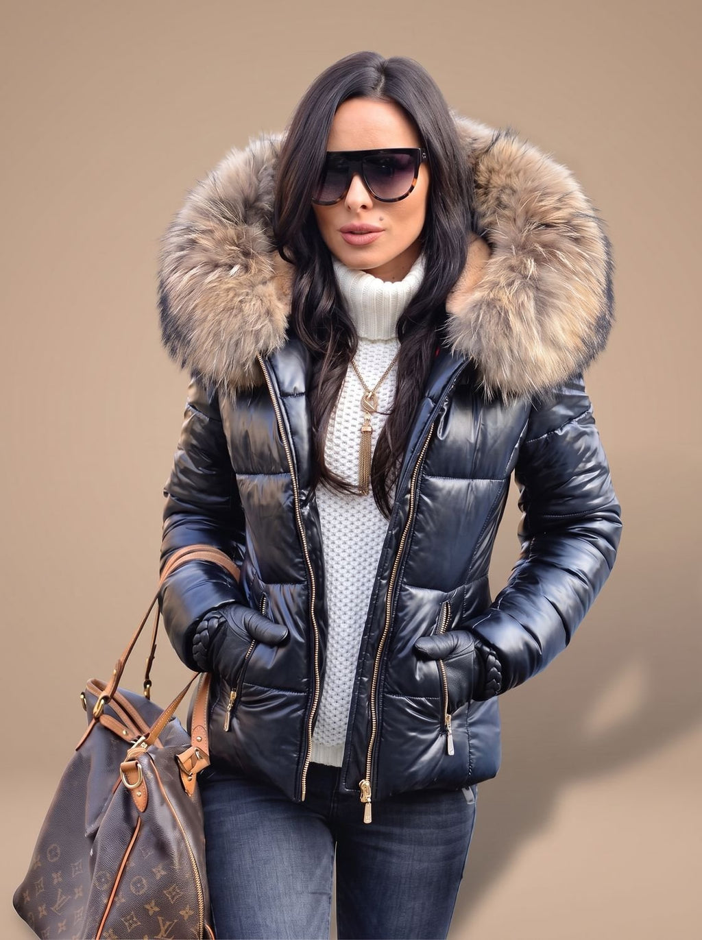 Women's Fur-Trim Hood Fitted Quilted Puffer Coat
