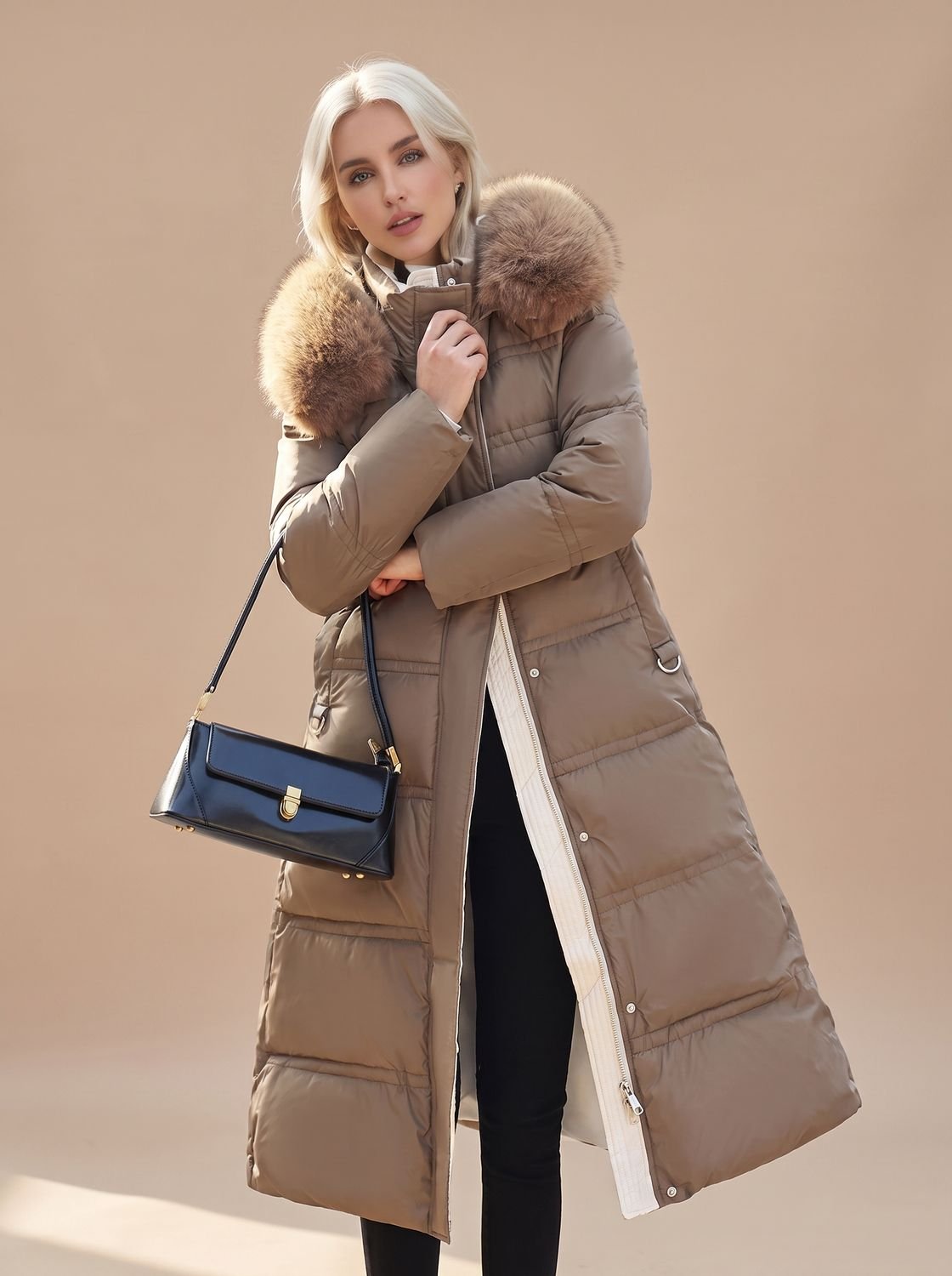 Women's Mid-Calf Zip-Front Puffer Coat with Faux Fur Hood - Coffee