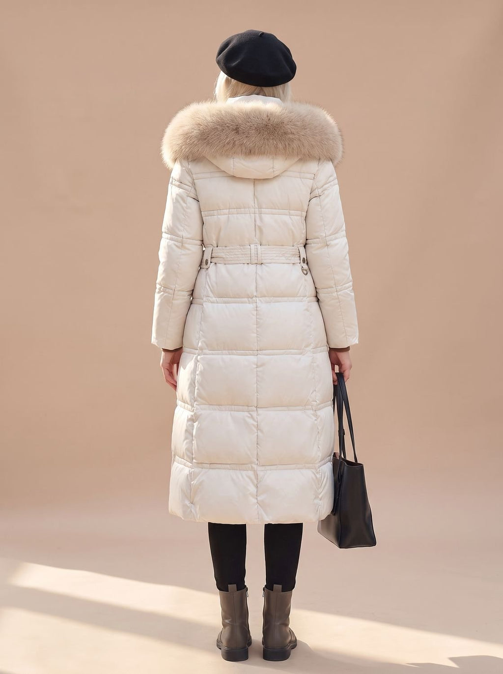 Women's Belted Mid-Calf Puffer Coat with Beige Fur Hood
