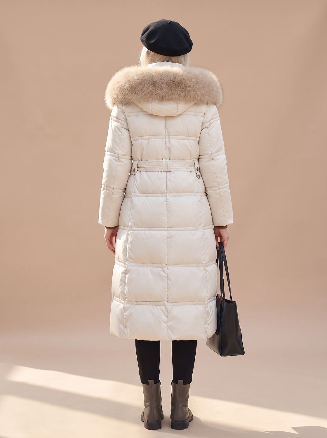Women's Belted Mid-Calf Puffer Coat with Beige Fur Hood