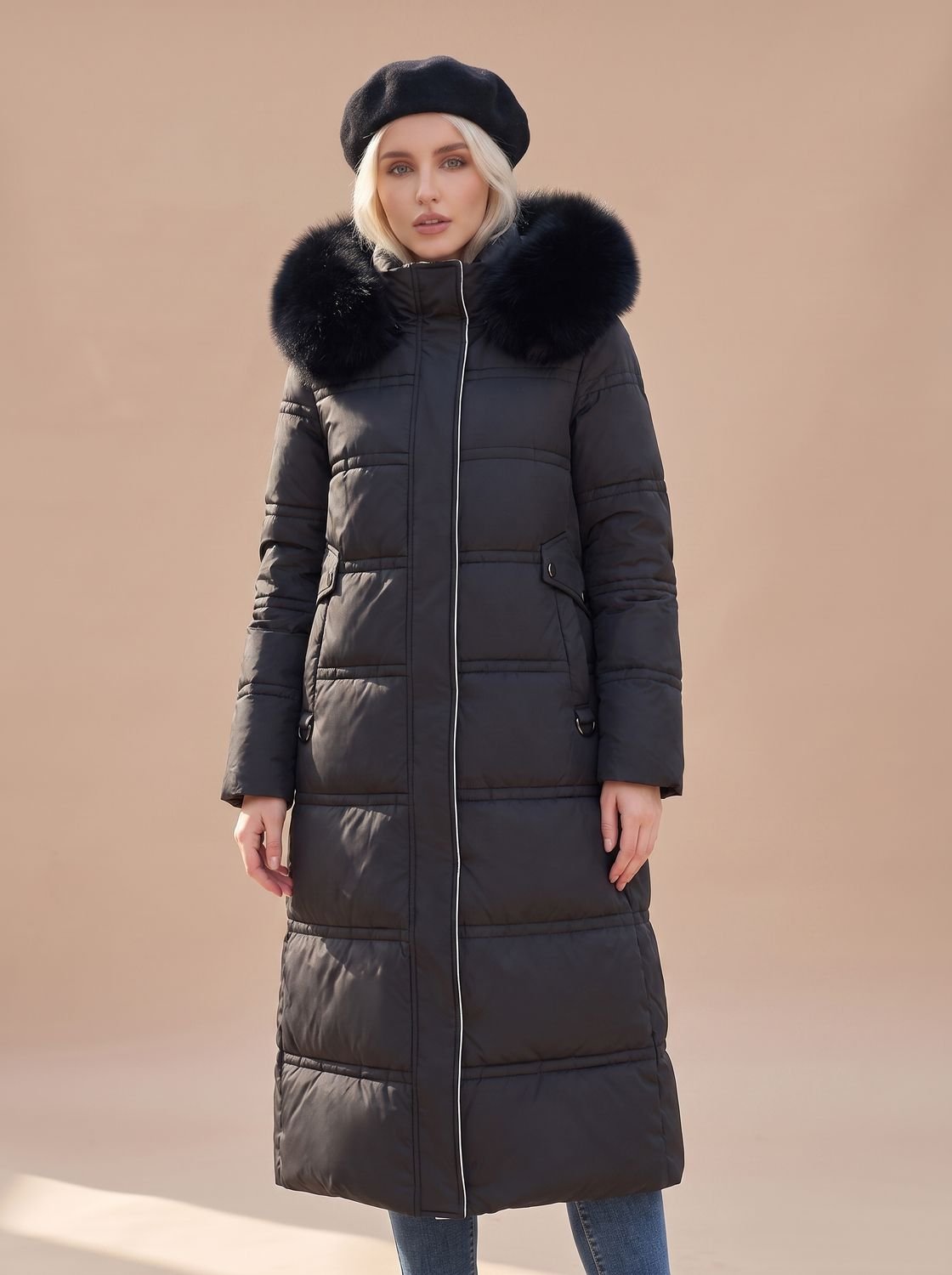 Women's Mid-Calf Zip-Front Puffer Coat with Faux Fur Hood - Black