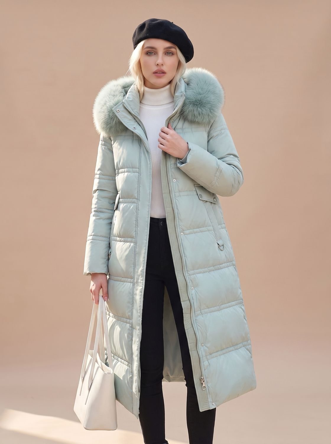 Women's Mid-Calf Zip-Front Puffer Coat with Faux Fur Hood - Blue