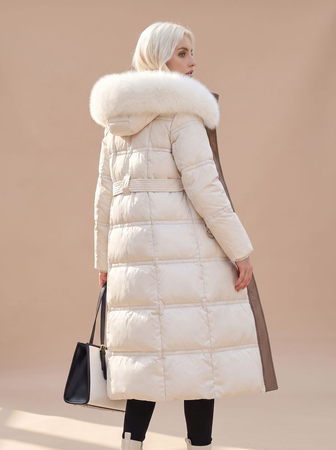 Women's Mid-Calf Zip-Front Puffer Coat with Faux Fur Hood - White