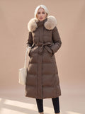Women's Belted Mid-Calf Puffer Coat with Beige Fur Hood - Coffee