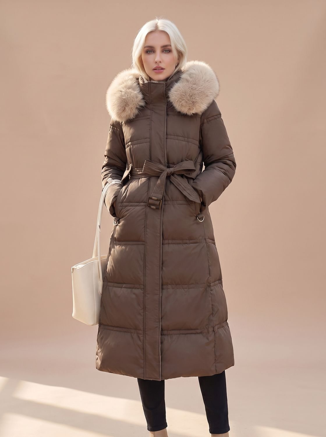 Women's Belted Mid-Calf Puffer Coat with Beige Fur Hood - Coffee