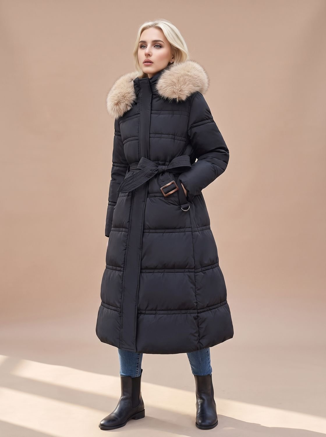 Women's Belted Mid-Calf Puffer Coat with Beige Fur Hood - Black