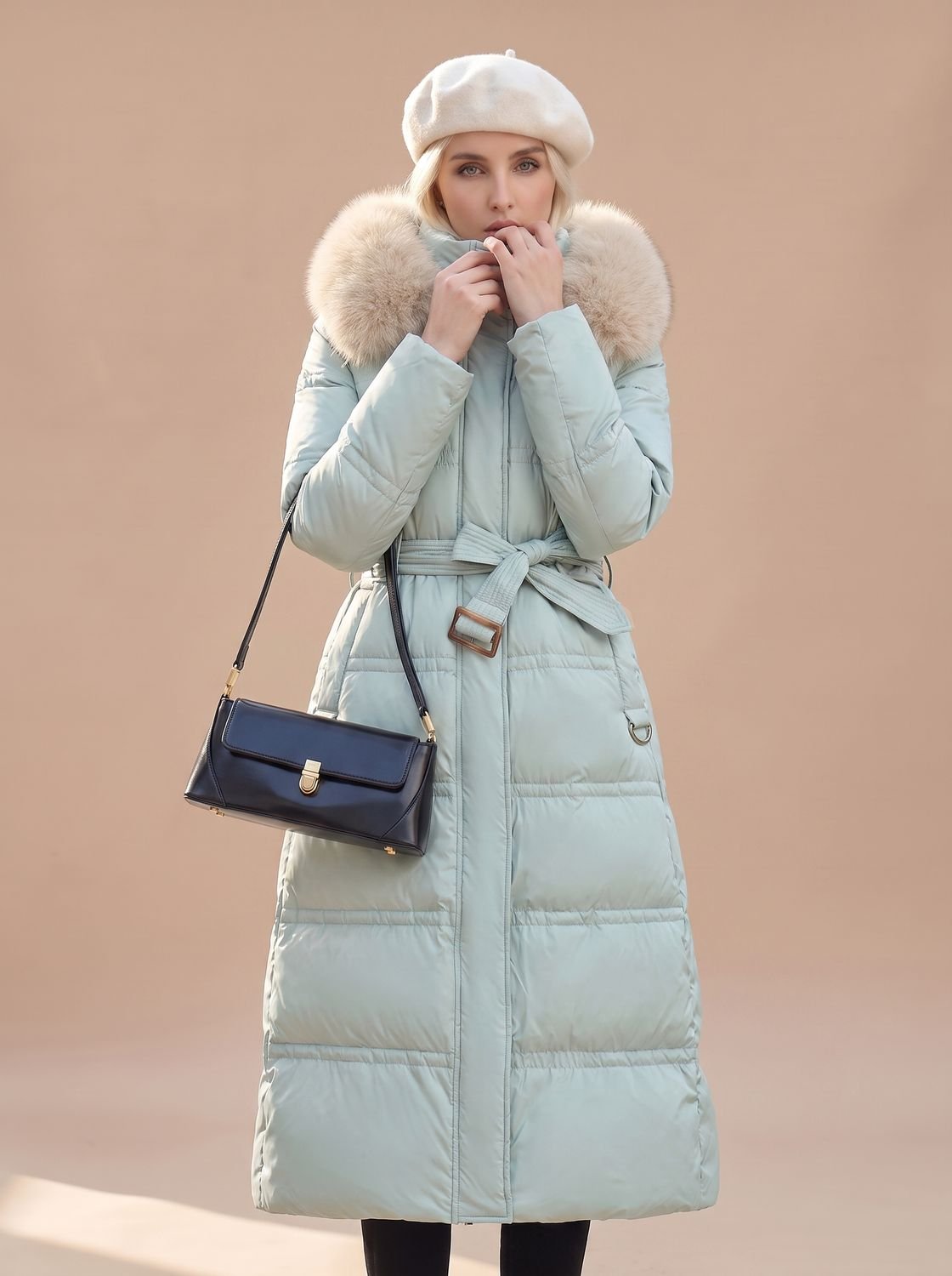 Women's Belted Mid-Calf Puffer Coat with Beige Fur Hood - Blue