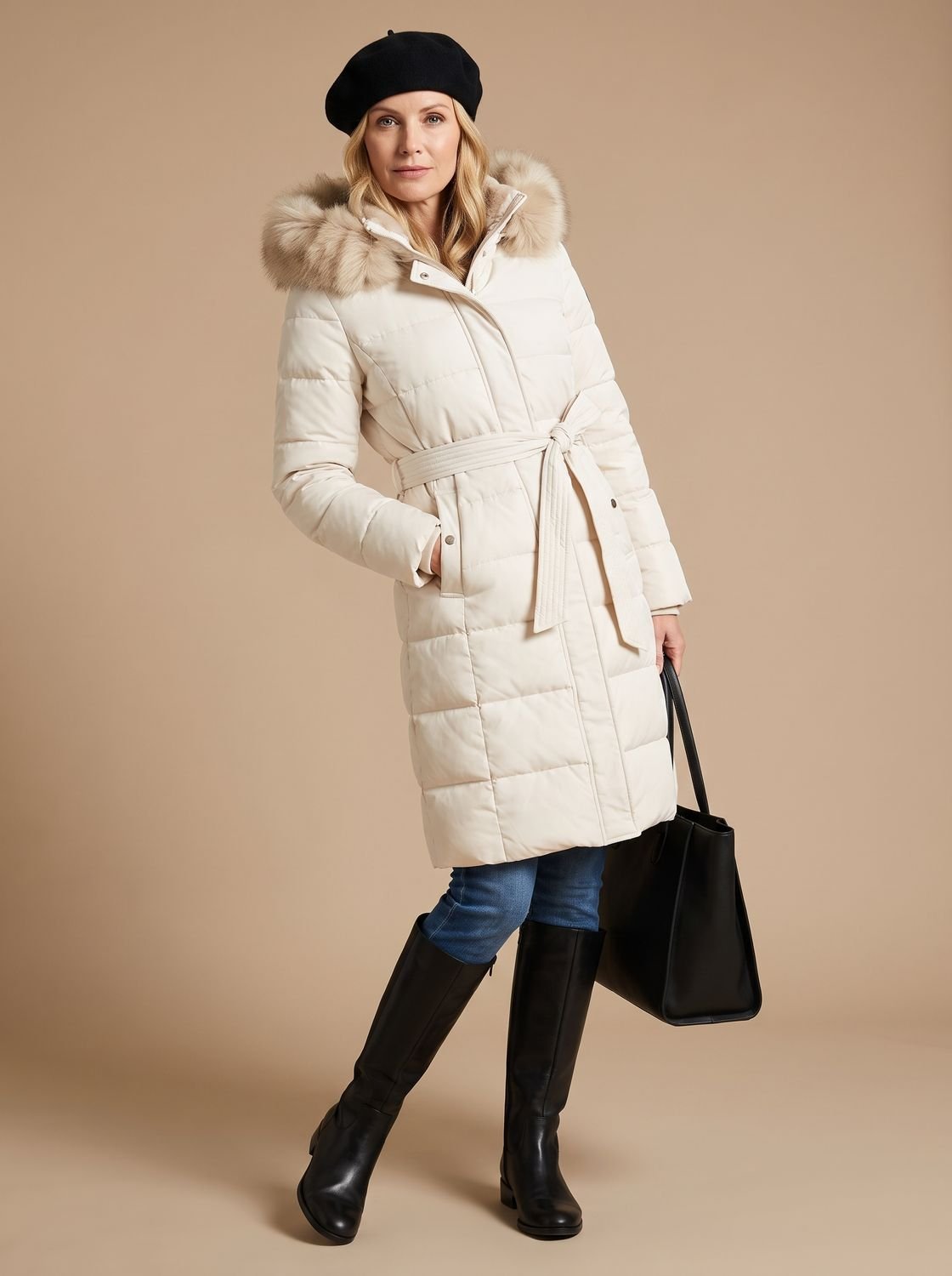 Women's Belted Mid-Calf Puffer Coat with Beige Fur Hood - White