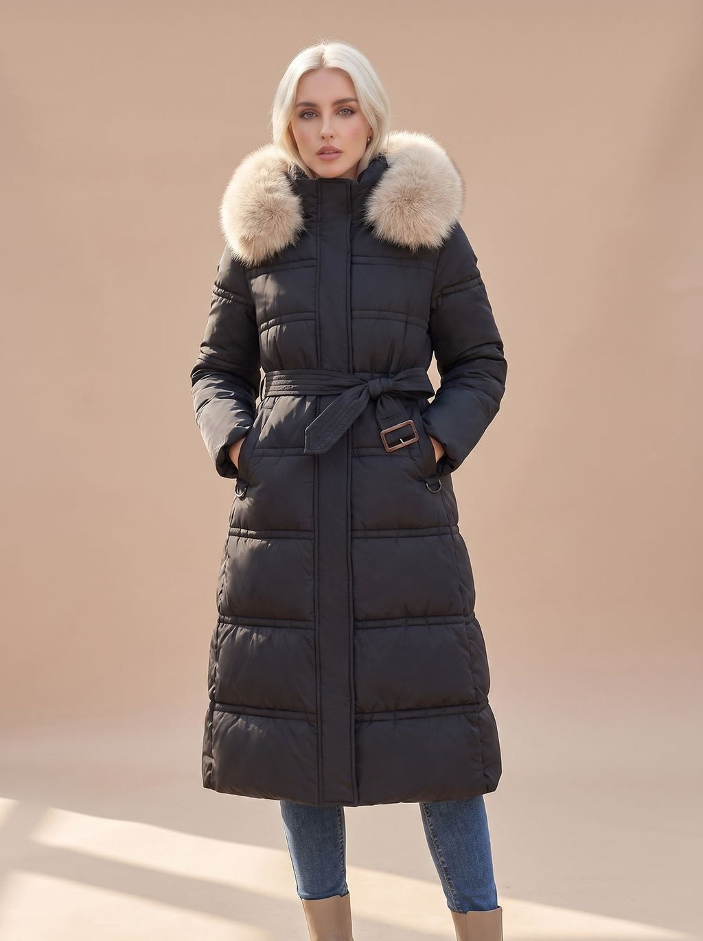 Women's Belted Mid-Calf Puffer Coat with Beige Fur Hood