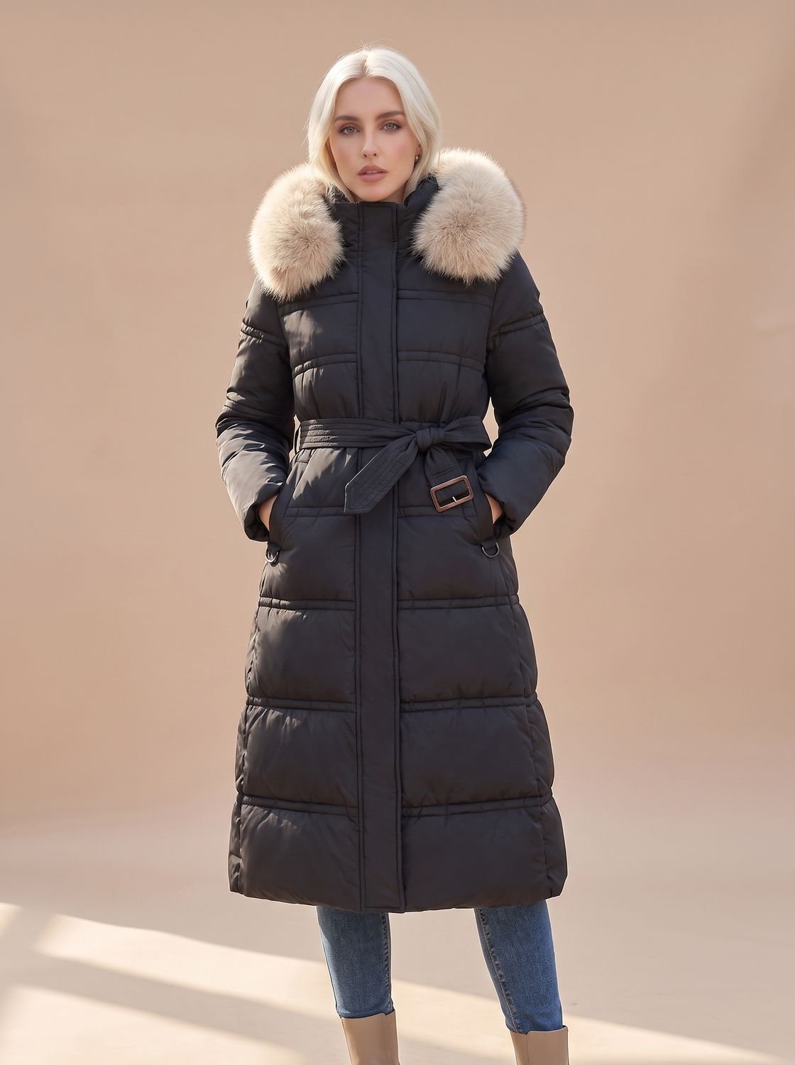 Women's Belted Mid-Calf Puffer Coat with Beige Fur Hood