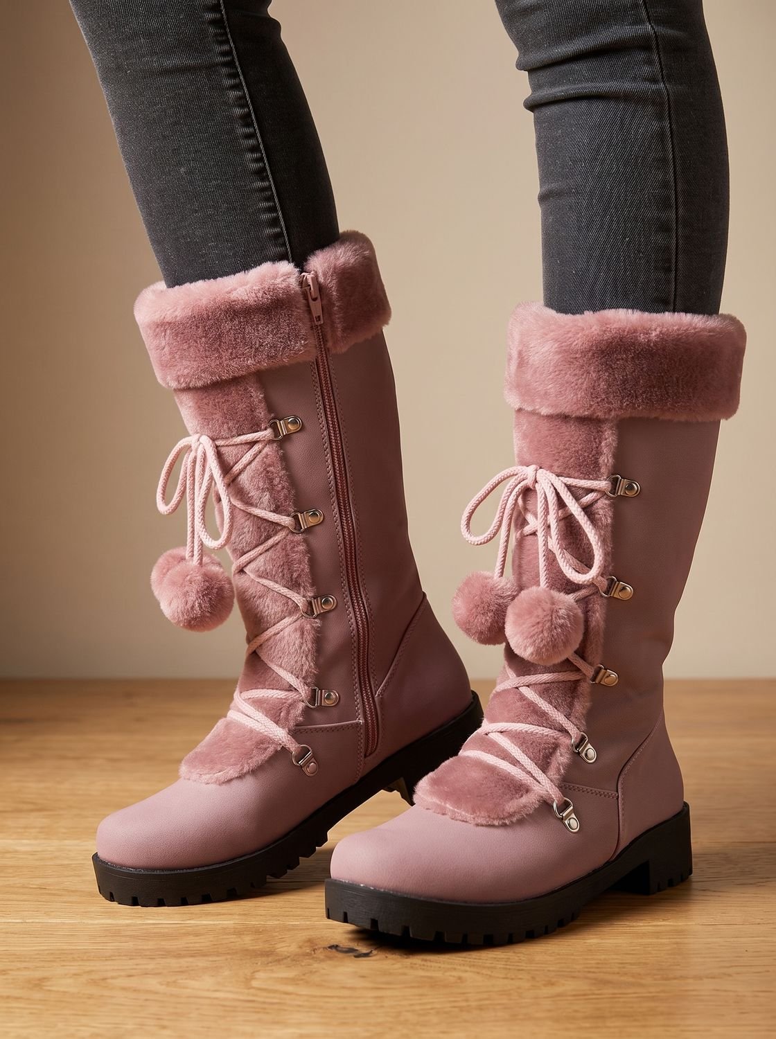 Women's Faux Fur Cuff Lace-Up Mid-Calf Snow Boots - Purple