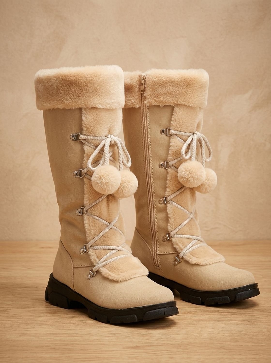 Women's Faux Fur Cuff Lace-Up Mid-Calf Snow Boots - Beige
