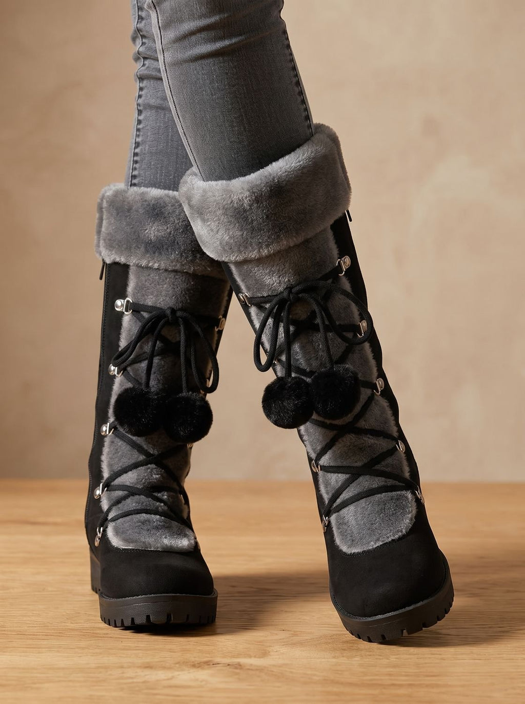 Women's Faux Fur Cuff Lace-Up Mid-Calf Snow Boots