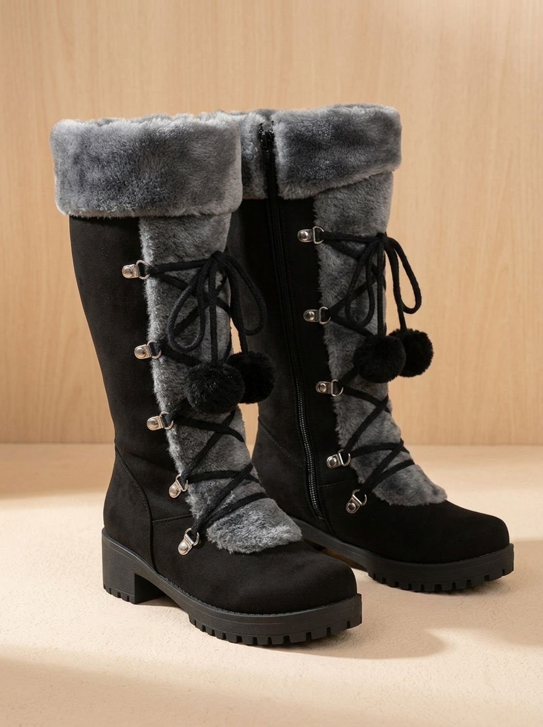 Women's Faux Fur Cuff Lace-Up Mid-Calf Snow Boots