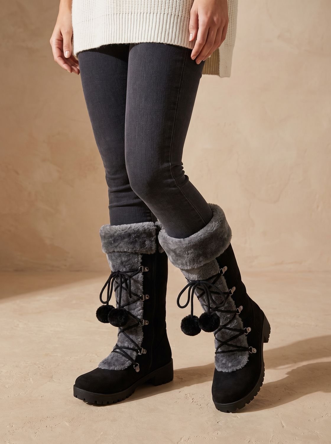 Women's Faux Fur Cuff Lace-Up Mid-Calf Snow Boots