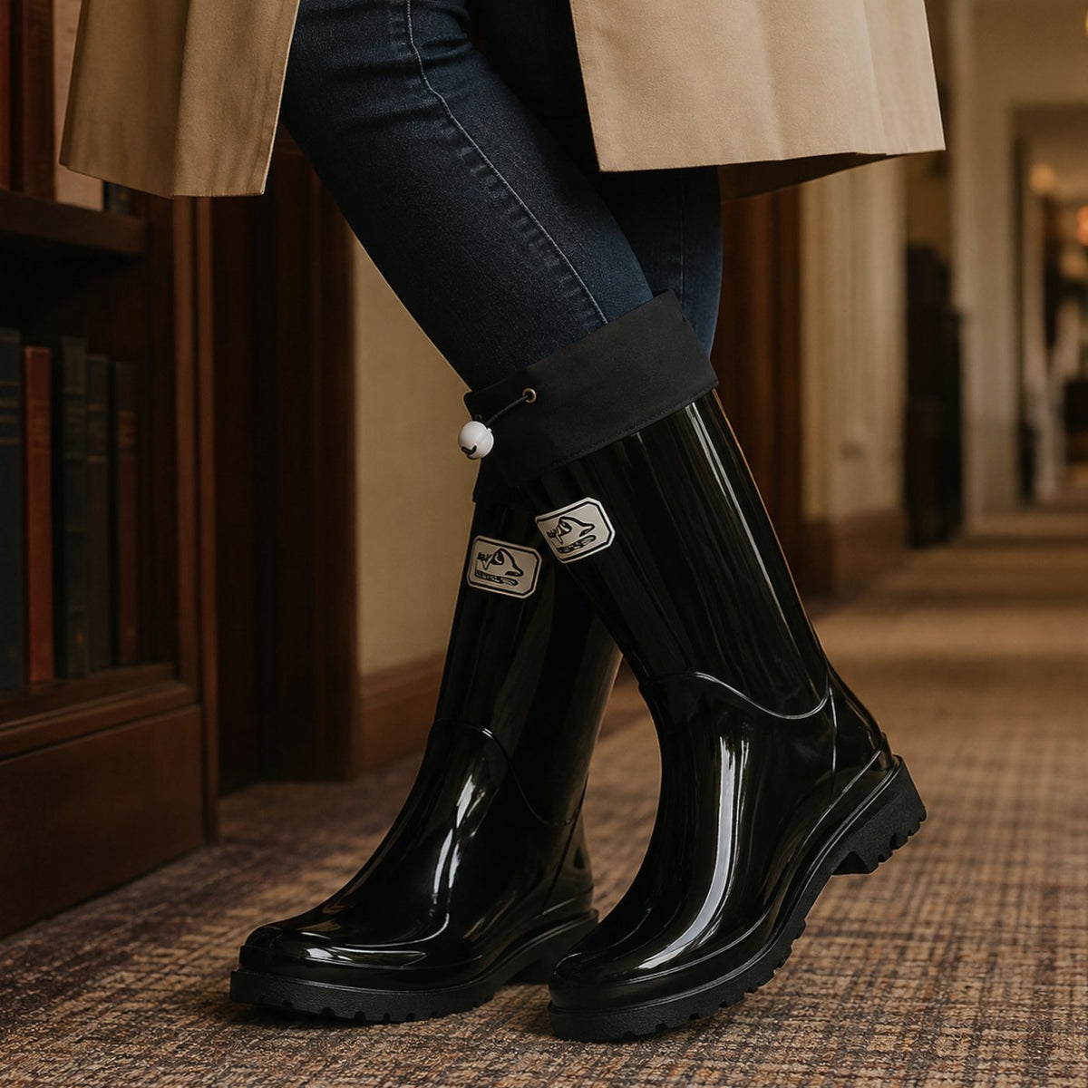 Women's Glossy Drawstring Knee-High Rain Boots - Black