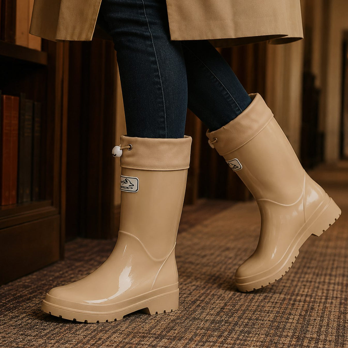 Women's Glossy Drawstring Knee-High Rain Boots - Beige