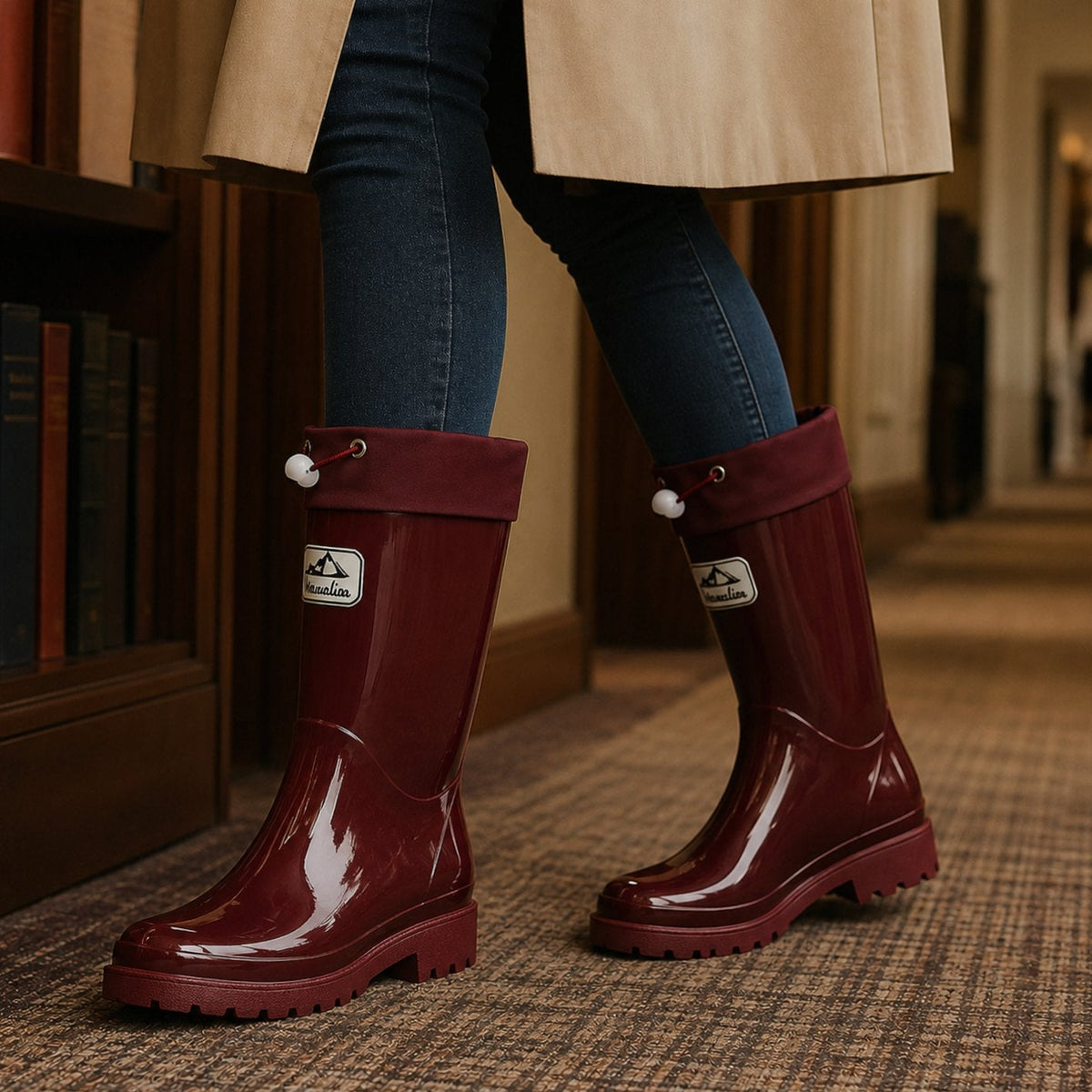 Women's Glossy Drawstring Knee-High Rain Boots - Burgundy