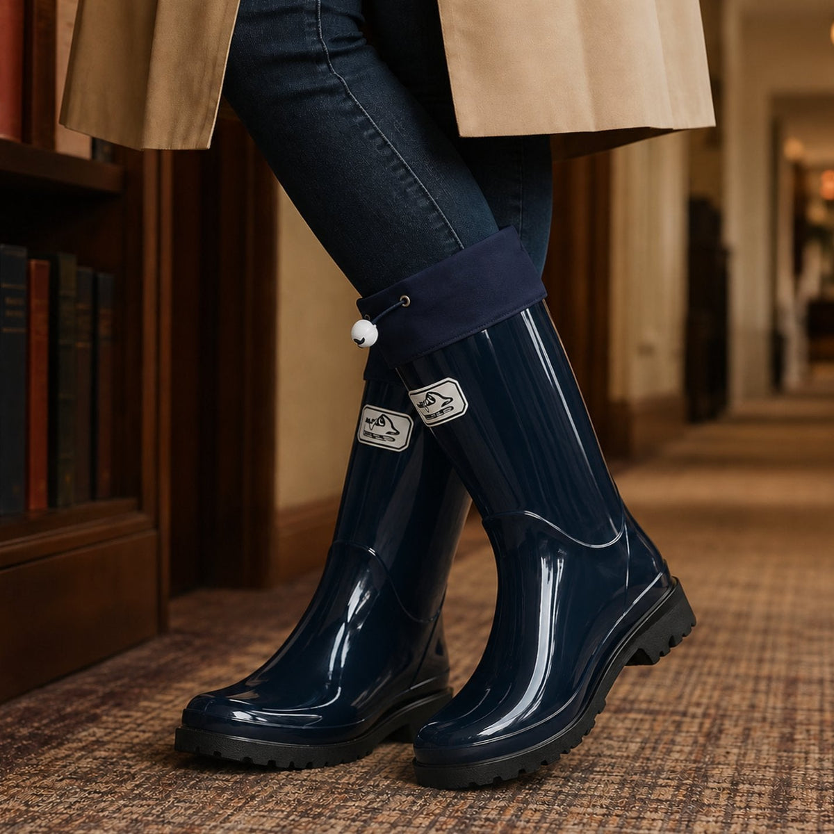Women's Glossy Drawstring Knee-High Rain Boots - Navy