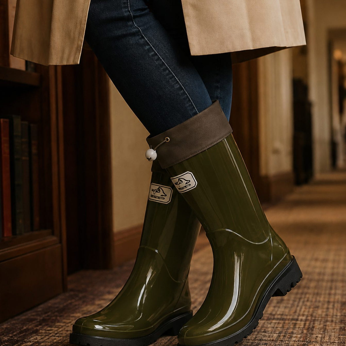 Women's Glossy Drawstring Knee-High Rain Boots - Olive Green