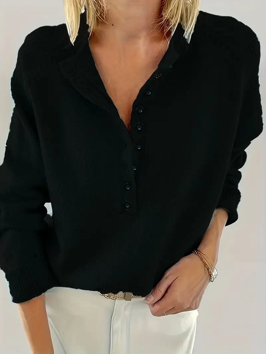 Women's V-Neck Half-Button Knit Sweater - Black