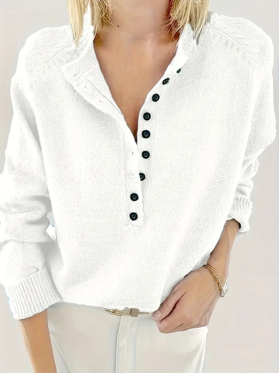 Women's V-Neck Half-Button Knit Sweater - White