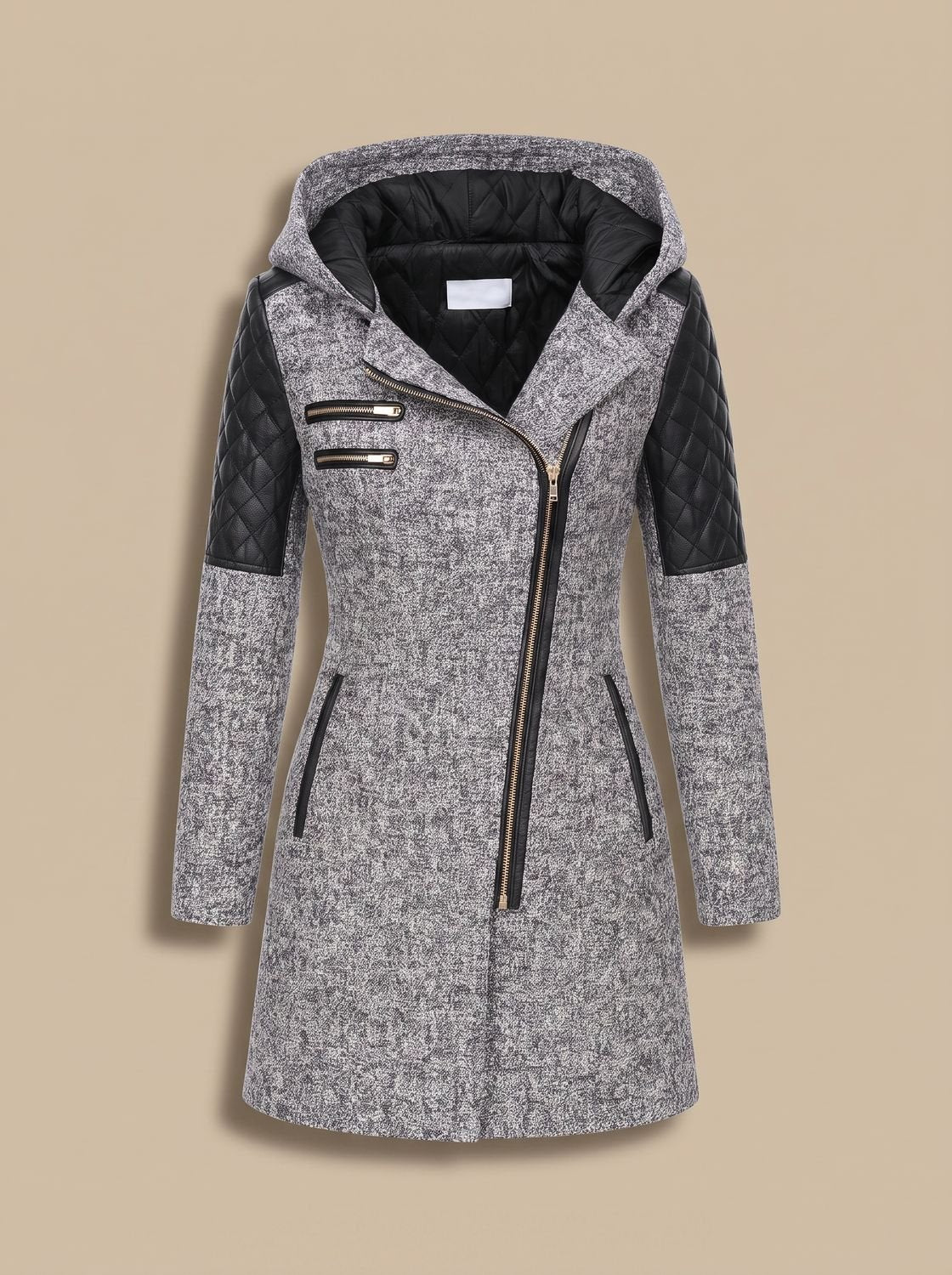 Women's Hooded Wool-Blend Quilted Coat - Light Gray