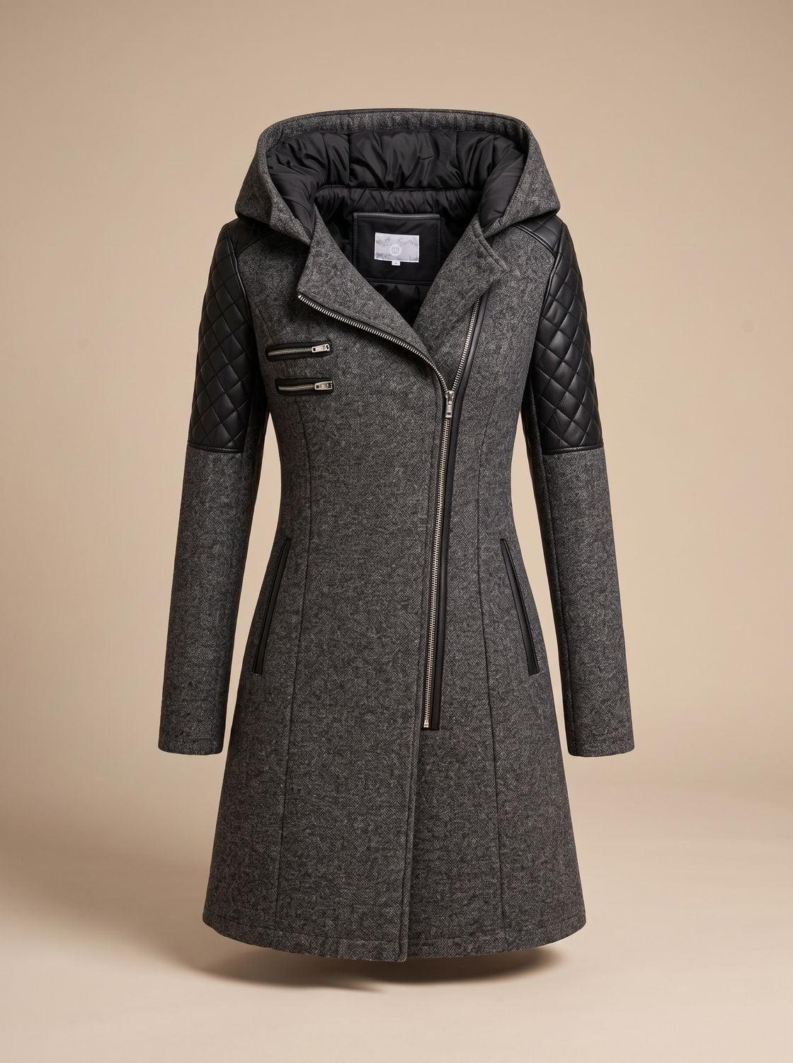 Women's Hooded Wool-Blend Quilted Coat - Black
