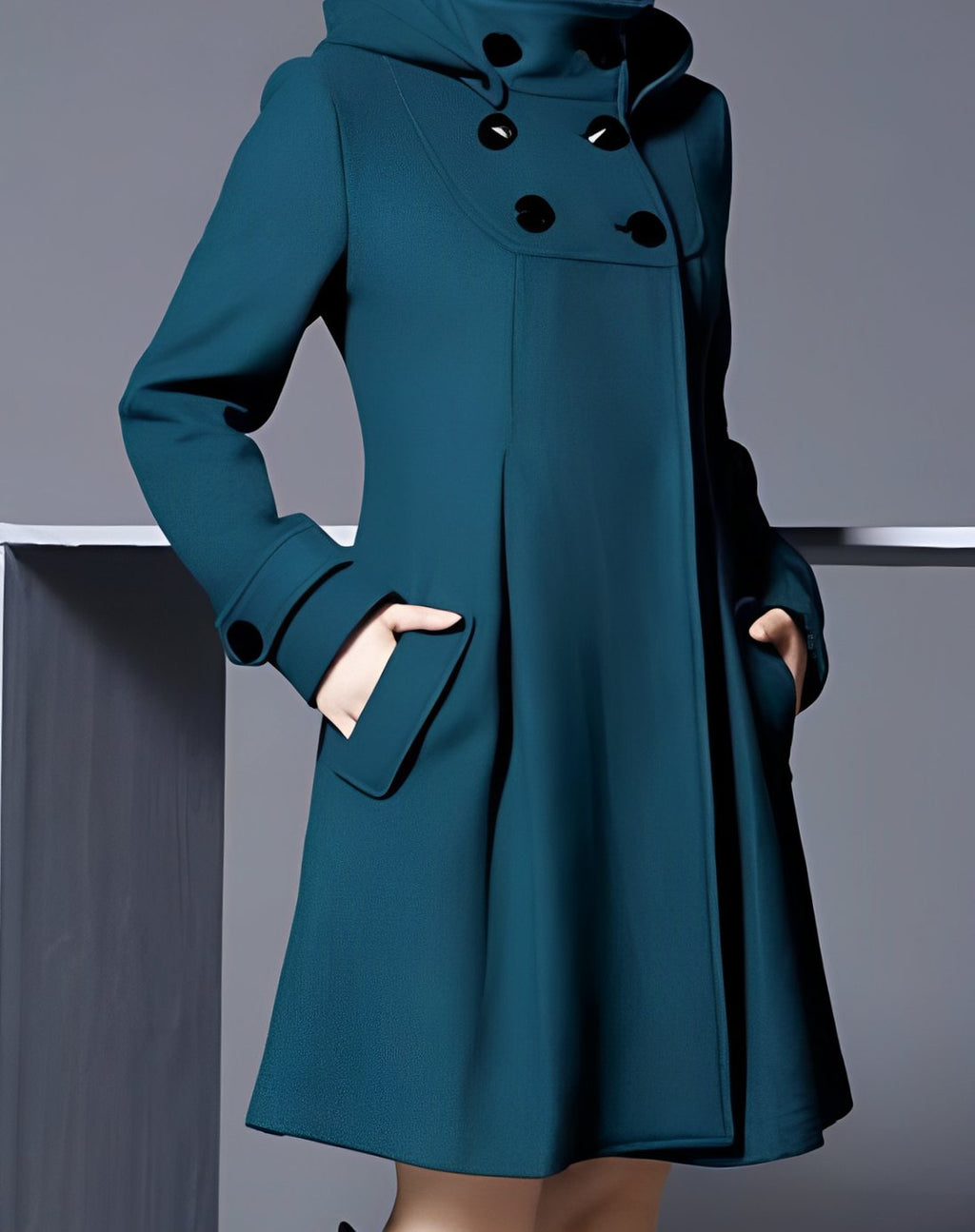 Women's Hooded Double-Breasted Flare Coat - Dark Green