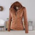 Women's Hooded Faux Leather Moto Coat - Khaki