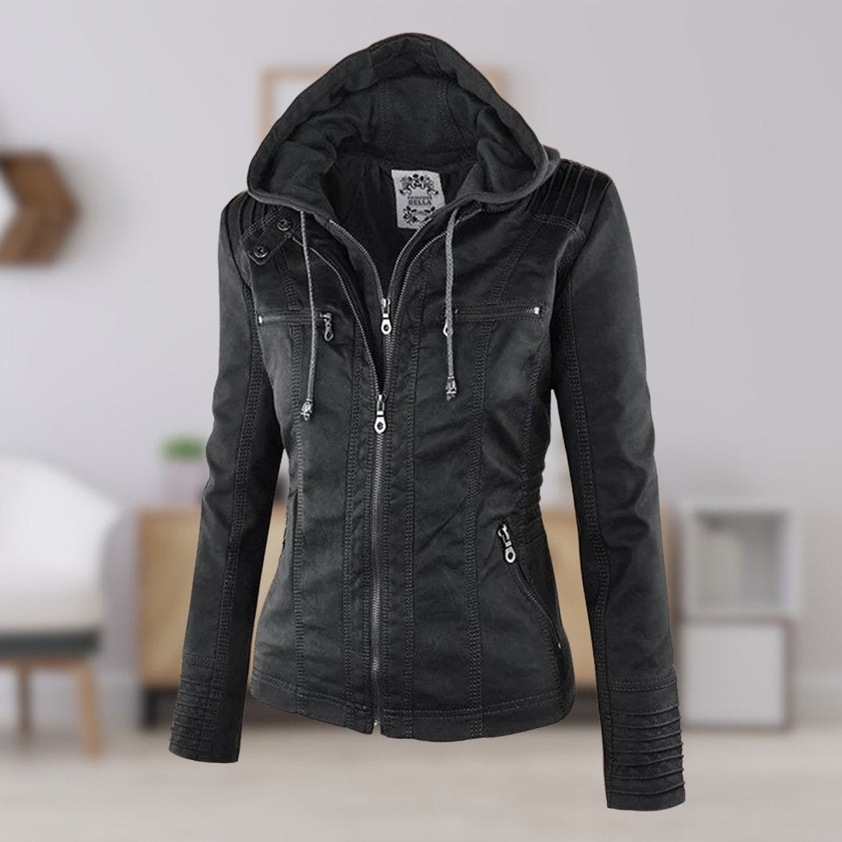 Women's Hooded Faux Leather Moto Coat - Black