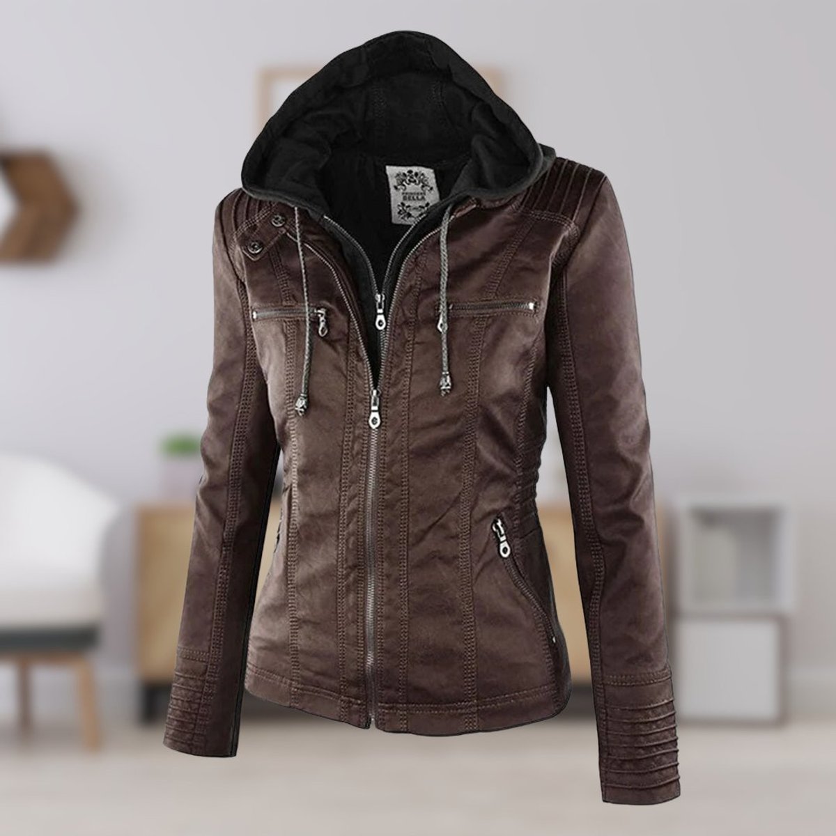 Women's Hooded Faux Leather Moto Coat - Brown