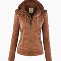 Women's Slim-Fit Hooded Faux Leather Biker Jacket - Khaki