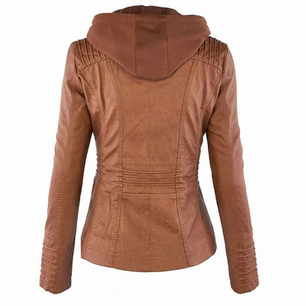 Women's Slim-Fit Hooded Faux Leather Biker Jacket