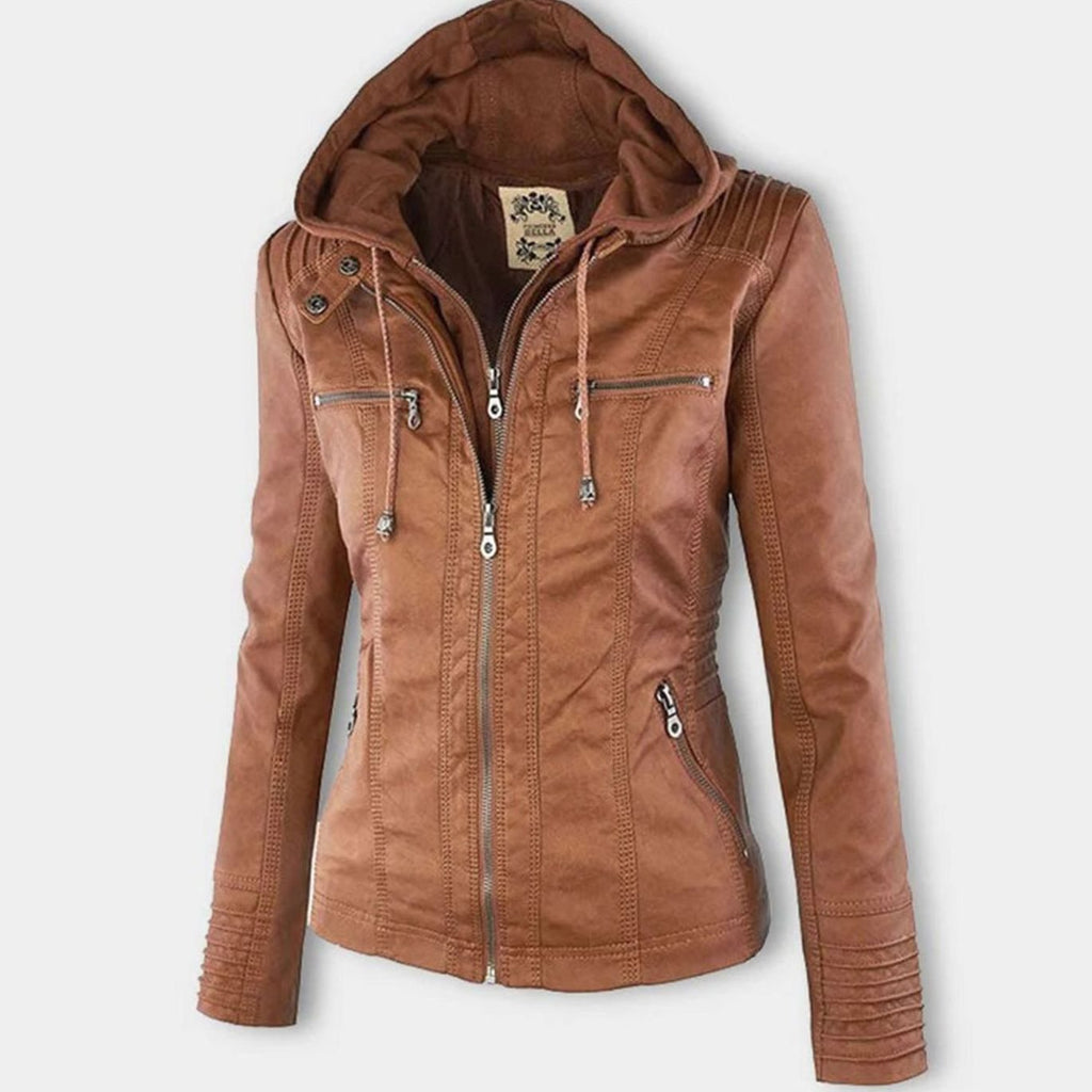 Women's Slim-Fit Hooded Faux Leather Biker Jacket