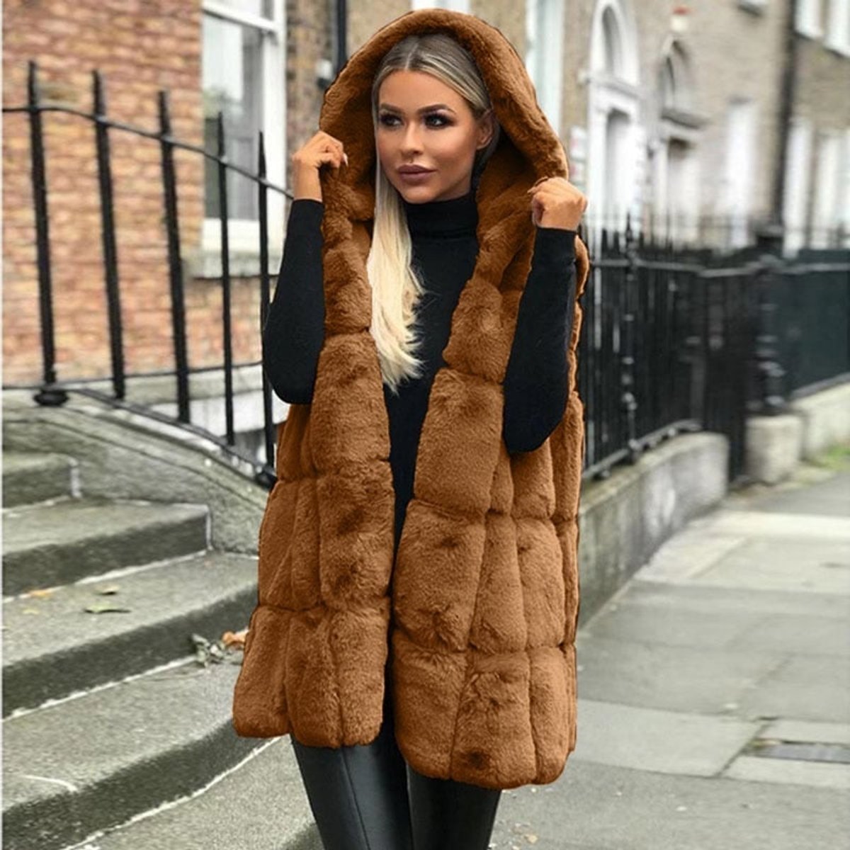 Women's Hooded Long Quilted Faux Fur Vest - Brown