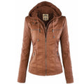 Women's Hooded Moto Faux Leather Jacket - Brown