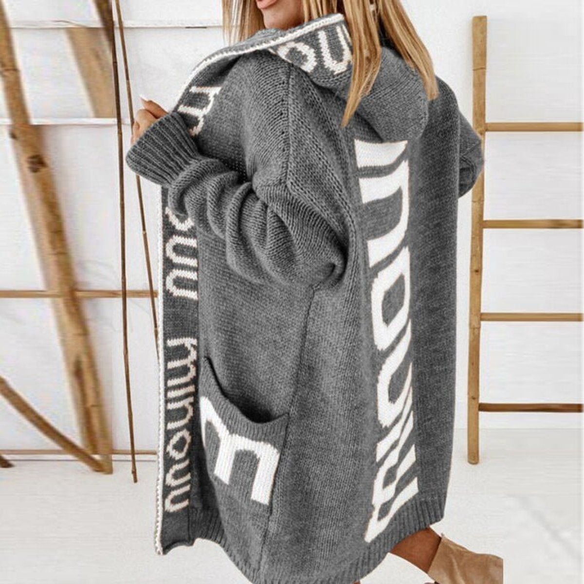 Women's Hooded Open-Front Knit Cardigan - Gray