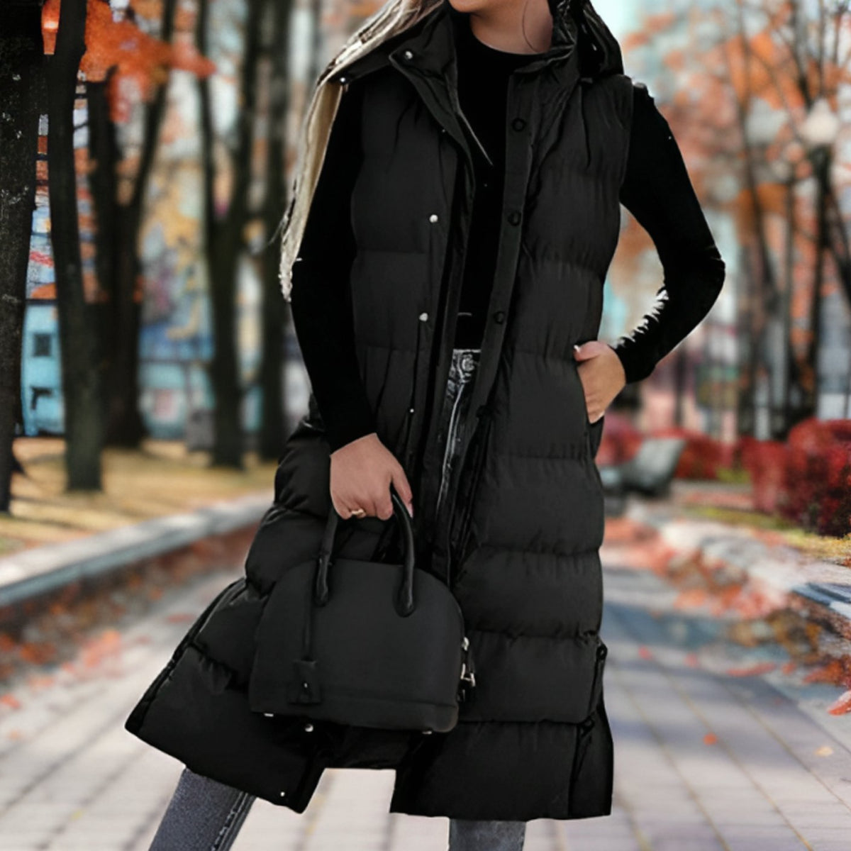 Women's Hooded Quilted Long Puffer Vest - Black