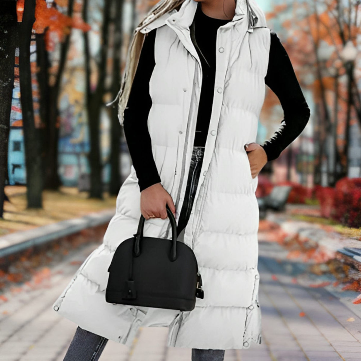 Women's Hooded Quilted Long Puffer Vest - White