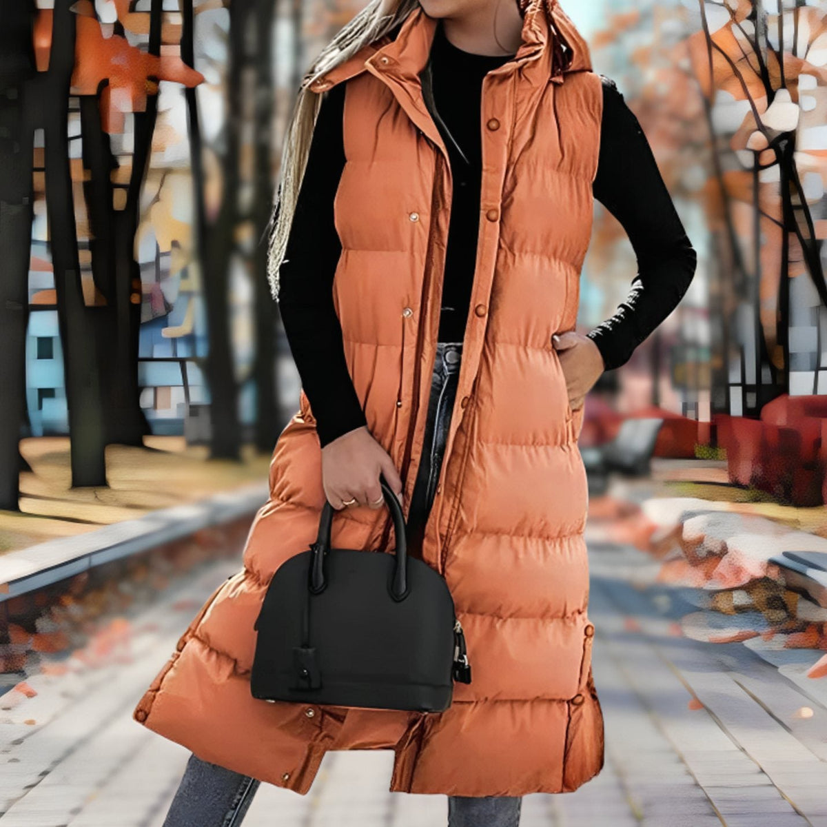 Women's Hooded Quilted Long Puffer Vest - Light Blue