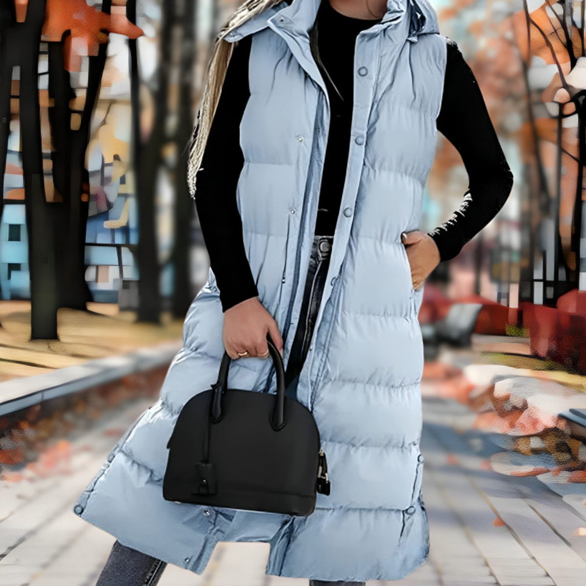 Women's Hooded Quilted Long Puffer Vest - Army Green