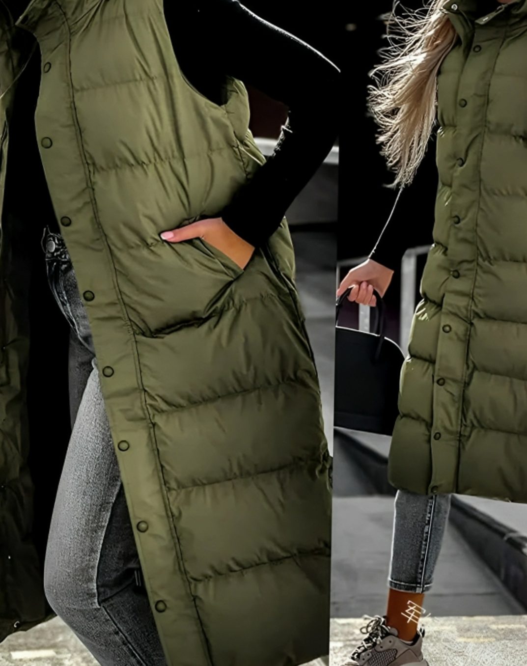 Women's Hooded Quilted Long Puffer Vest - Orange